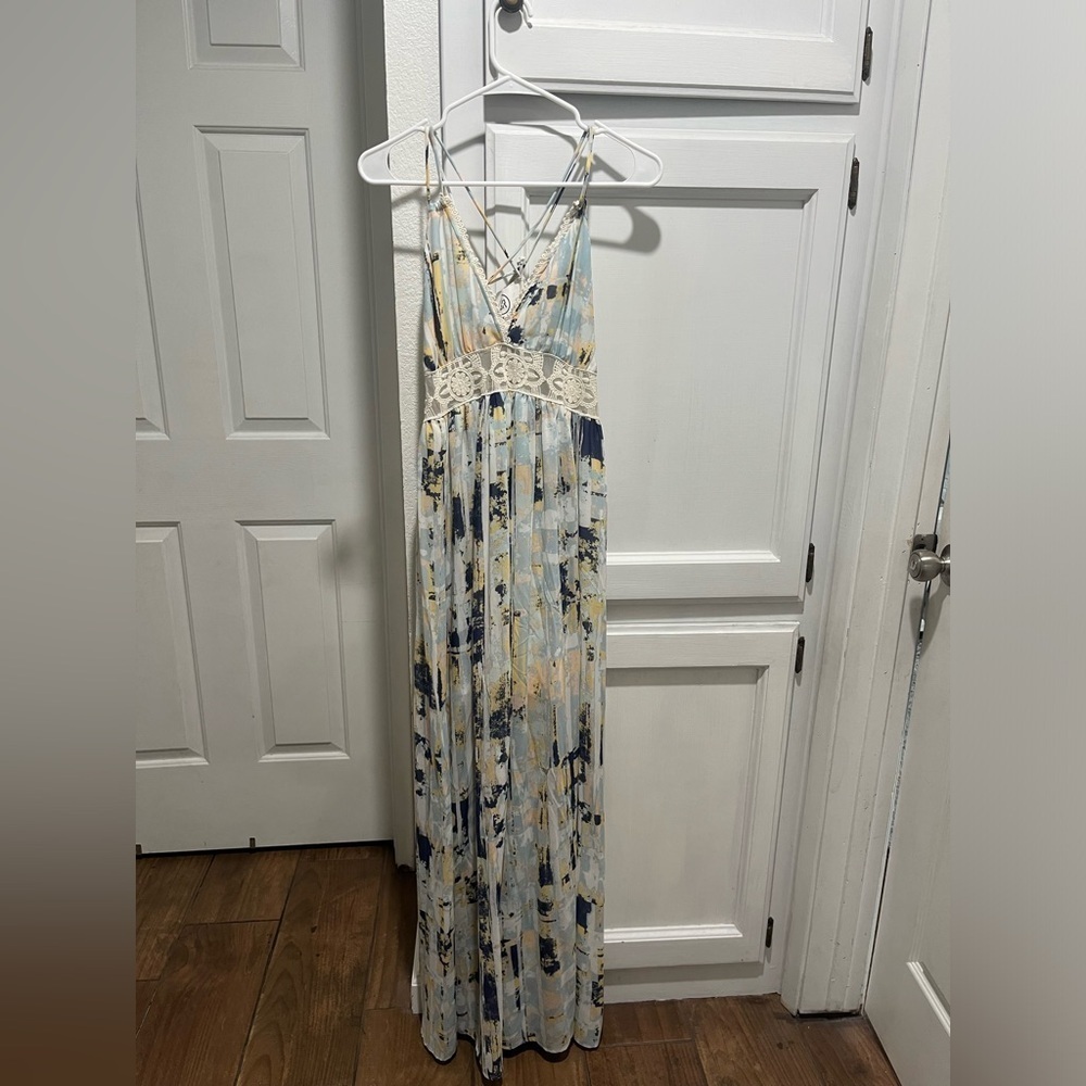 NWT SLOANE ROUGE Blue abstract tropical flowly dress large